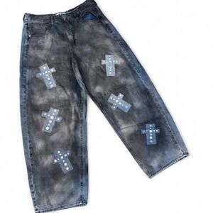 Goth Wide Leg jeans‎ rhinestones/crosses/silverblack paint.Ladies 11. Upcycled.